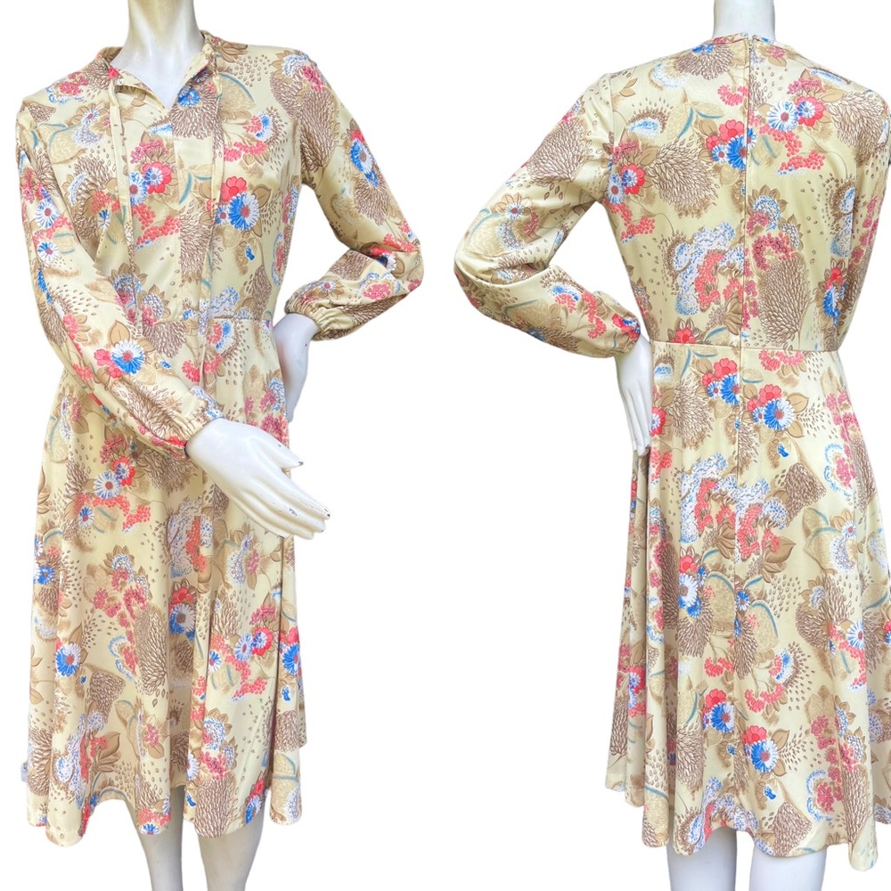 Vintage 70's Lady Carol Long Sleeve Floral Print Fit and Flare Dress Size 16